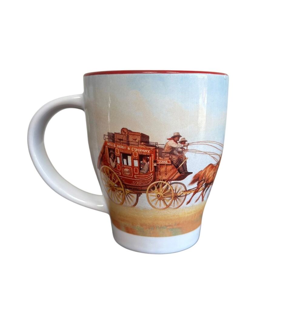 Wells Fargo Bank Horse Stagecoach John Rush Ceramic Promo Coffee Cup Mug 12 Oz
